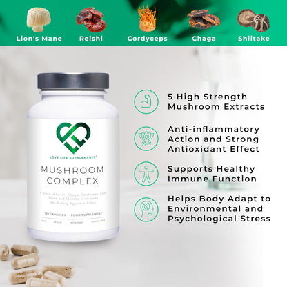 Mushroom Complex by LLS | Contains 1000Mg Reishi, Chaga, Cordyceps, Lions Mane and Shiitake Mushrooms | 120 Capsules - 2 Month Supply | No Fillers | Vegan |