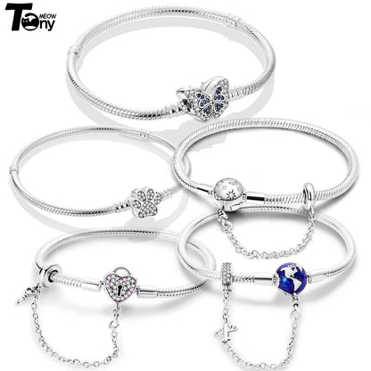 TOP SALE Pulseira Bracelet Femme Silver Color Heart Snake Chain Bracelet for Women Fit Original Charm Beads Jewelry Gift