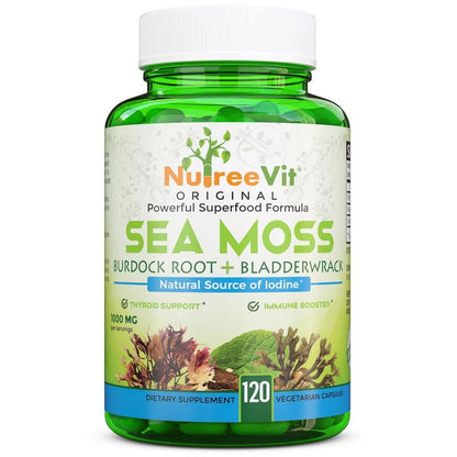 100% Organic - Sea Moss + Bladderwrack + Burdock Powerful Superfood Formula (500 Count)